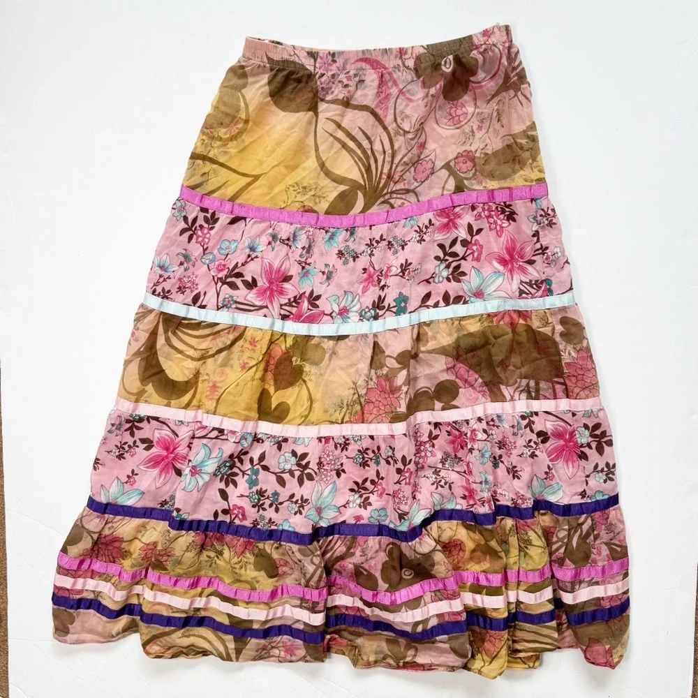 United Colors of Benetton Vintage Silk Tiered Print Skirt Lace‎ Size 42 US 6